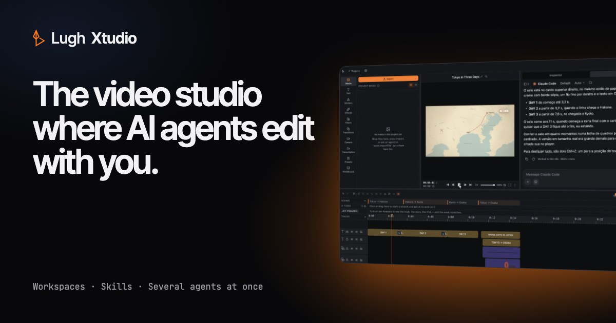 Lugh Xtudio promotional card showing the video editor's agent-driven timeline